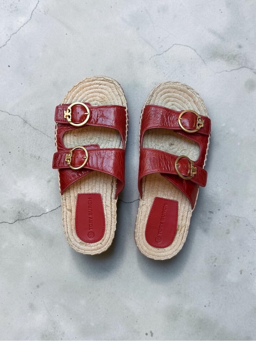 ✨ Tory Burch✨ Selby Two-Band Red Leather Espadrille Slide Sandals – Size 8M